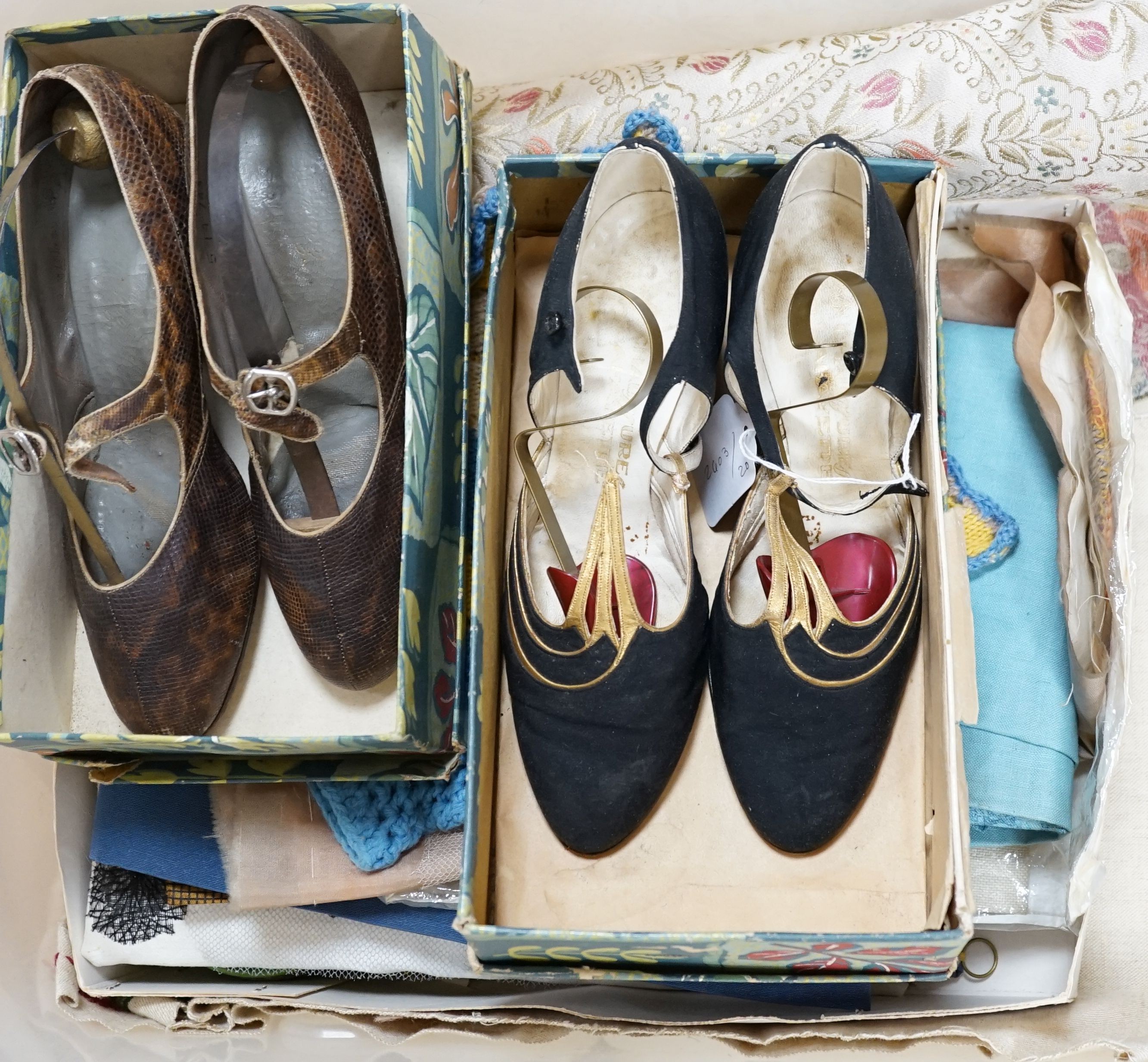 A quantity of mixed woolworks, embroideries and 2 pairs of 1930's lady's shoes